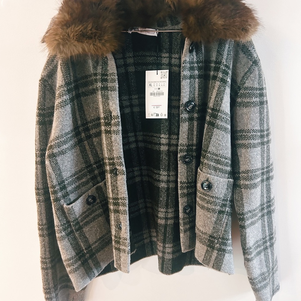Plaid Wool-Blend Jacket with Faux Fur Collar - Olive/Gray